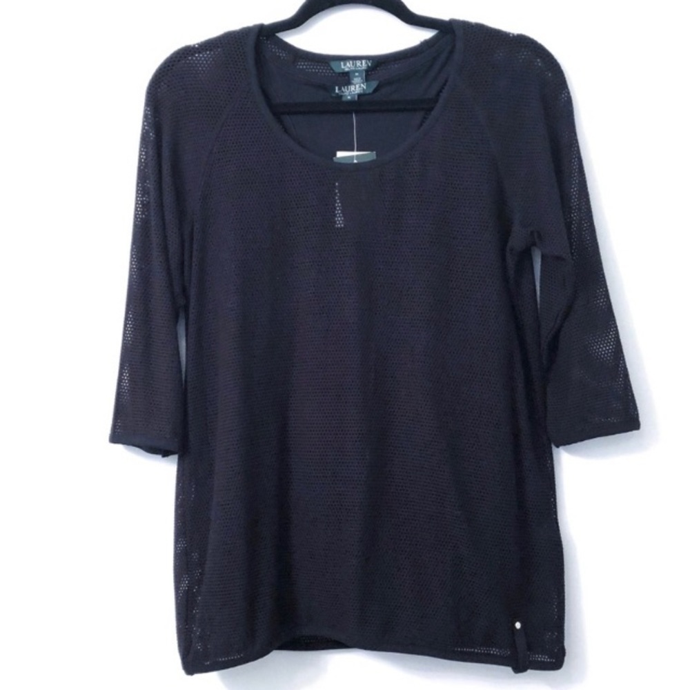 Lauren Ralph Lauren NWT Black Mesh Overlay Cotton Top M | Minimalist Chic